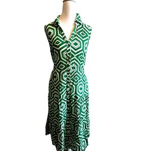 Green geo print dress Cottagecore Full Button Down V Neck Boho Fairy Ruffle M